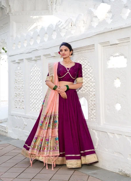 Pranathi Wine Colour Vichitra Silk With Plain With Paithni Lace Border Lehenga With Blouse Dupatta Suppliers In India Lnb2016